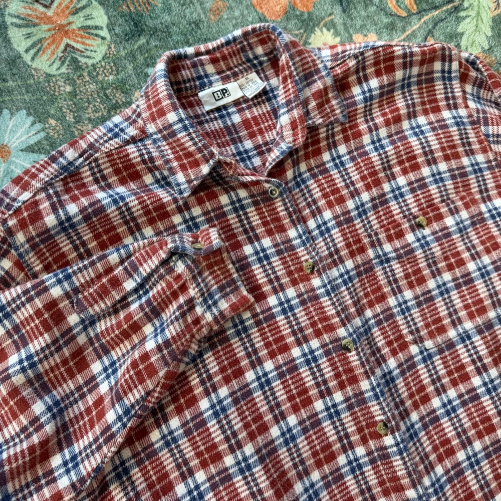 BP Nordstrom Plaid Flannel Shirt XL Red White Blue Cotton Button Down 2686
